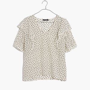 Madewell Silk V-Neck Shoulder-Ruffle Top in Inkbrush Dots